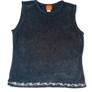 Hearts of Palm Black Knit Sweater Vest Embroidered Trim Vintage Hong Kong L